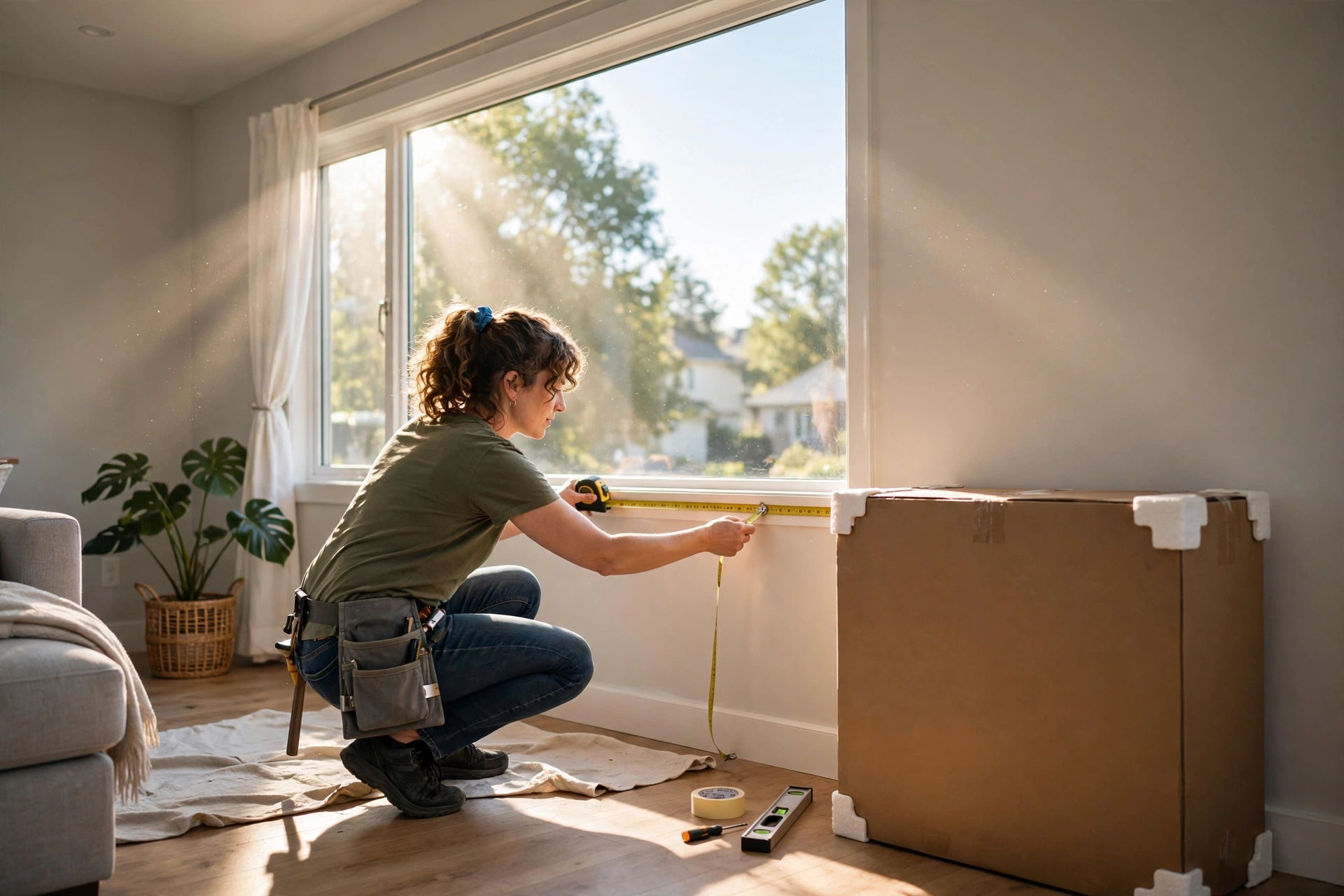 Person measuring a bright living room with an air conditioner box nearby