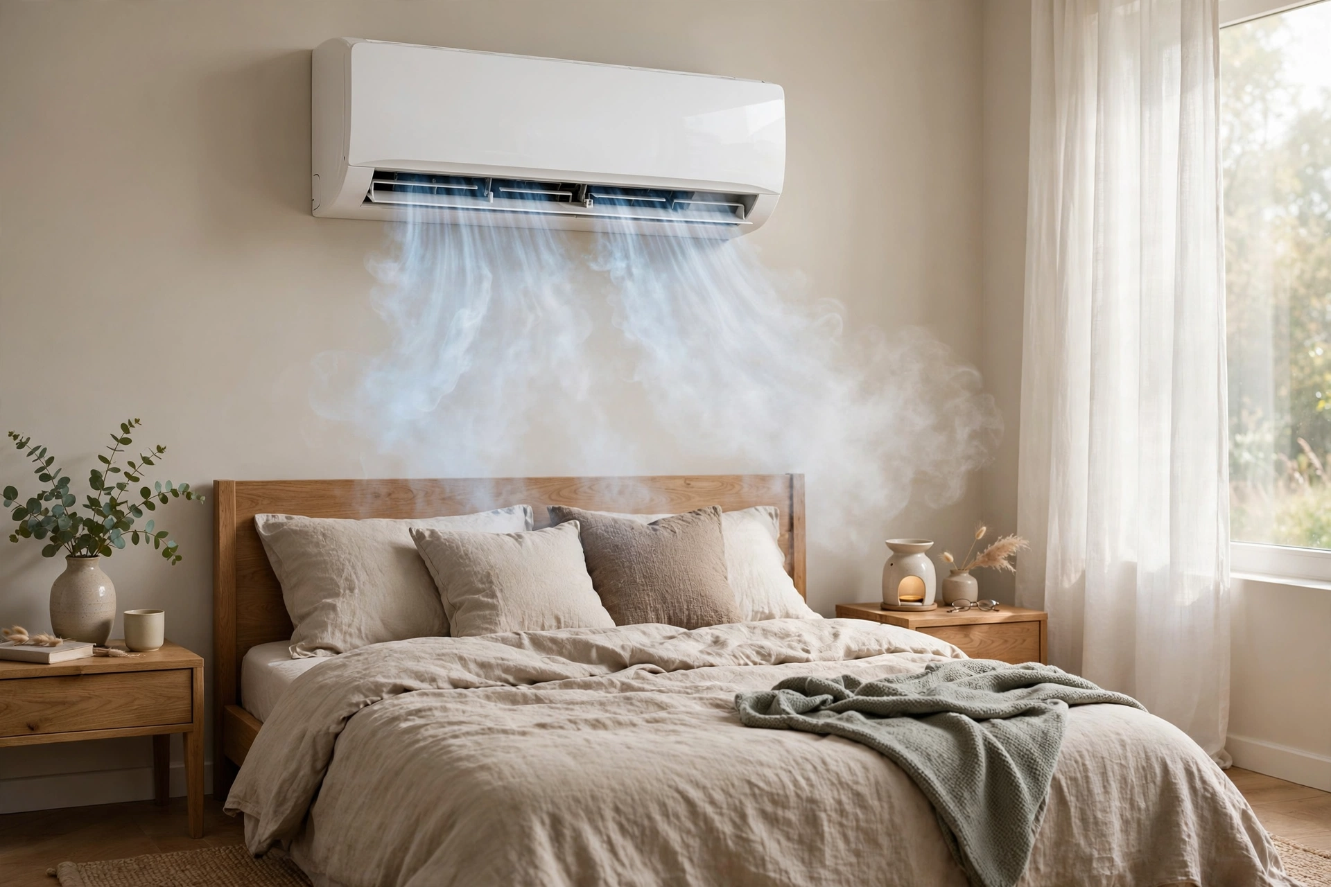 Split air conditioner mounted on a bedroom wall