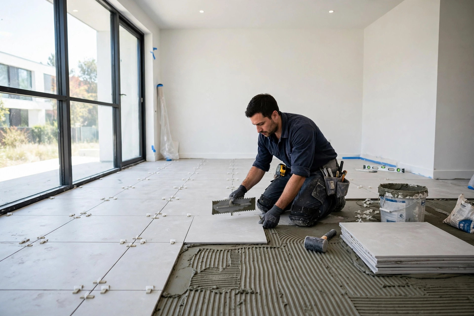 Worker laying ceramic floor tiles in a bright room