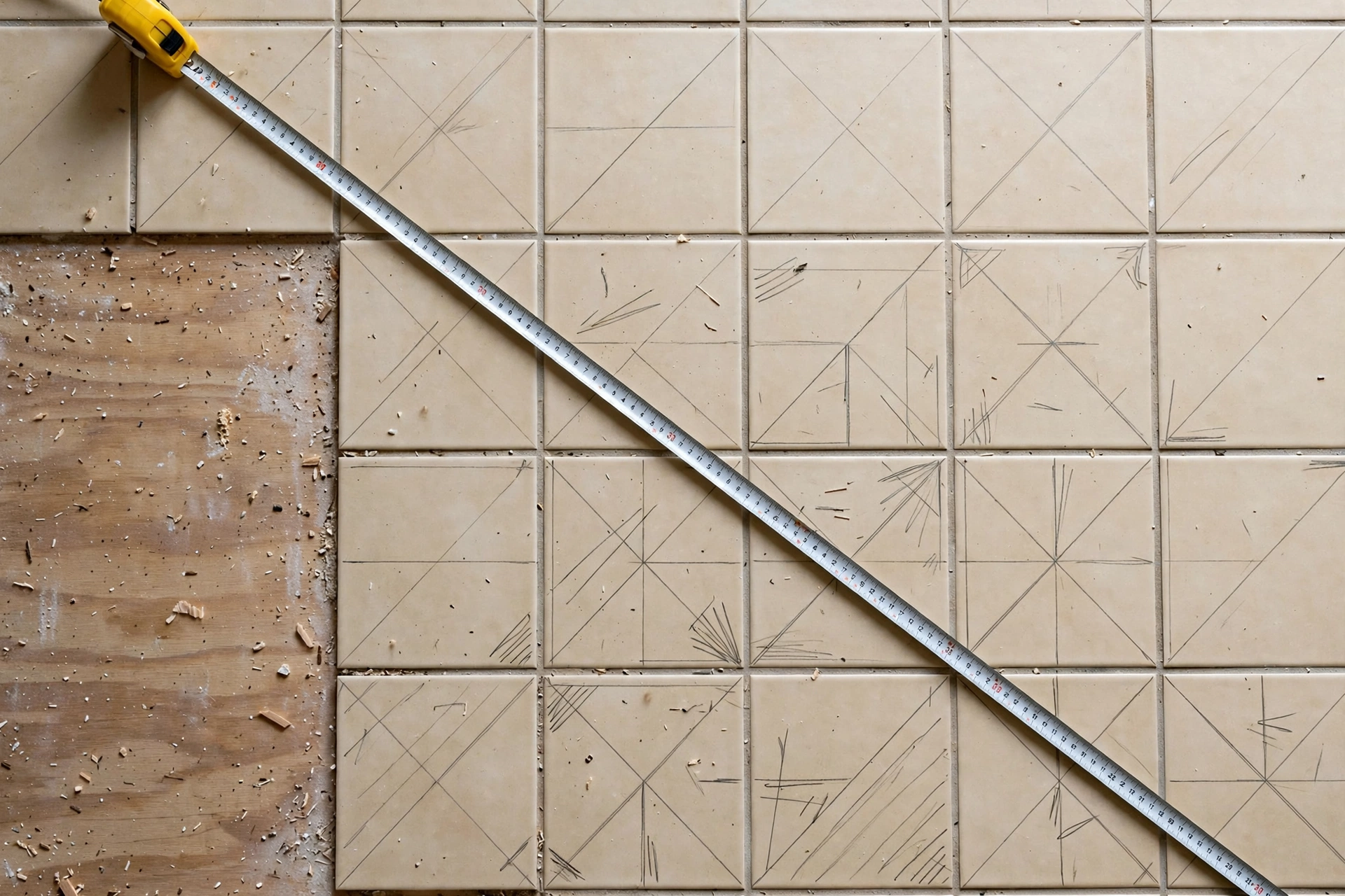 Measuring tape across floor tiles showing cut lines